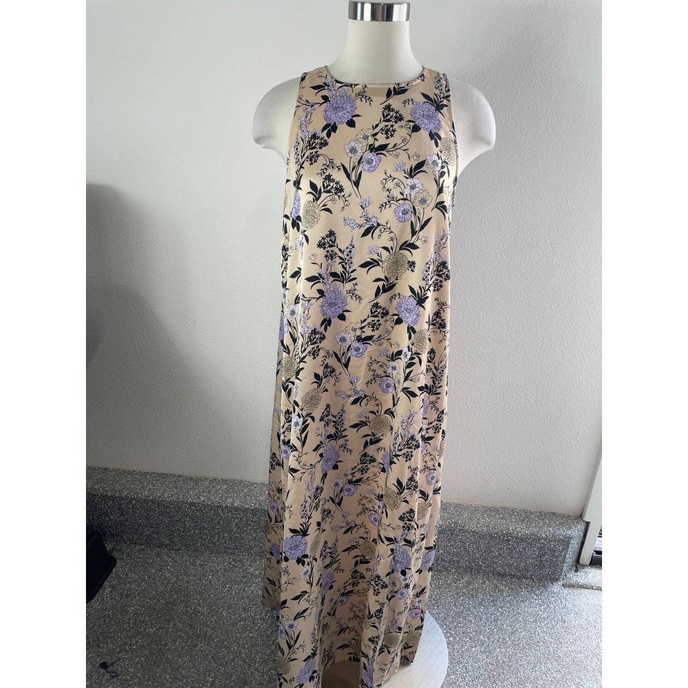 Ann Taylor Womens 8 Floral Sleeveless Maxi Dress Beige Botanical Side Slit Satin